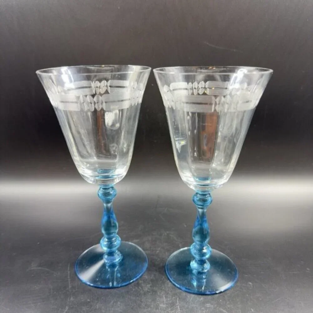 Antique Tiffin Franciscan Tall Blue Stem 2‎ Glasses Etched Manganese 365nm UV